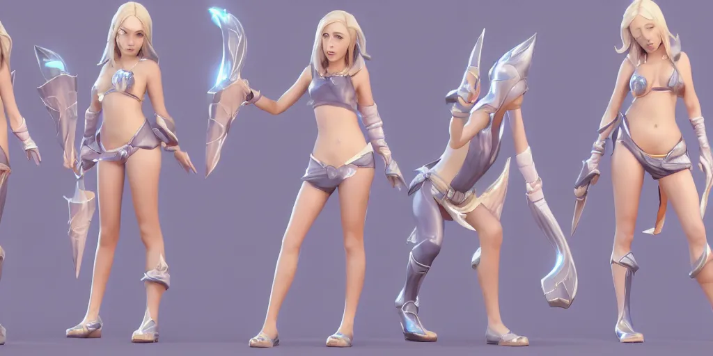 Prompt: character sheet of pool party lux (league of legends), action poses, 3d render, octane render, 4K, highly detailed