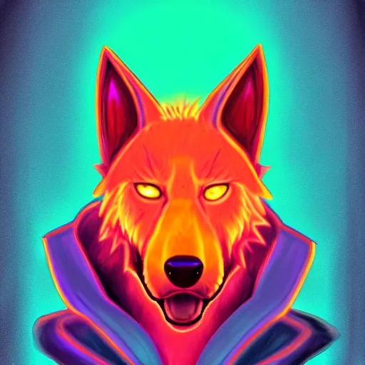 Prompt: a chill synthwave wolf character, digital painting, synthwave, vivid, furaffinity, furry, furry fandom