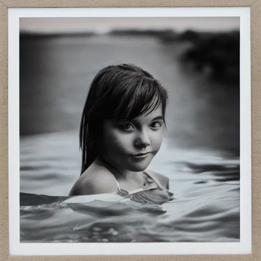 Prompt: a 2 4 mm photo of girl in water, low light, film grain, studio light, near a lot of manta, 8 k resolution