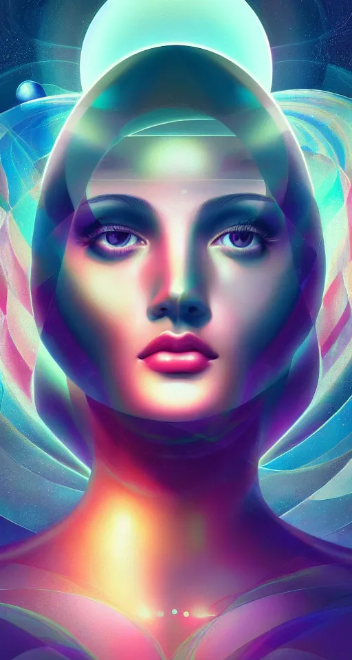 Prompt: art deco close up portait of head surrounded by spheres, like a dream digital painting cinematic dramatic fluid lines otherworldly vaporwave interesting details epic composition by artgerm