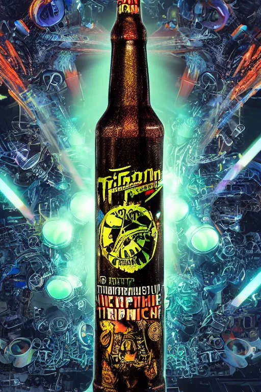 Prompt: photo of a beerbottle, band merchandise, bandname is tripmachine, tourname is invasion of the tripmachines, realistic digital art, label is printed with a 3 d render of a huge futuristic steampunk generator, 8 k, fluorescent colors, halluzinogenic, multicolored, exaggerated detailed, unreal engine