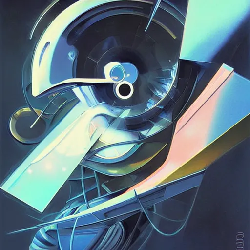 Image similar to scifi futurism automaton minimalism chrome by peter mohrbacher art Hajime Sorayama airbrush hyperrealism model abstract shatter fragments cubism futurism pastel blue soft flat minimal minimalism portrait face jackson pollock ukiyo-e lithograph mark ruthko swirl escape noise shimmer glow paint