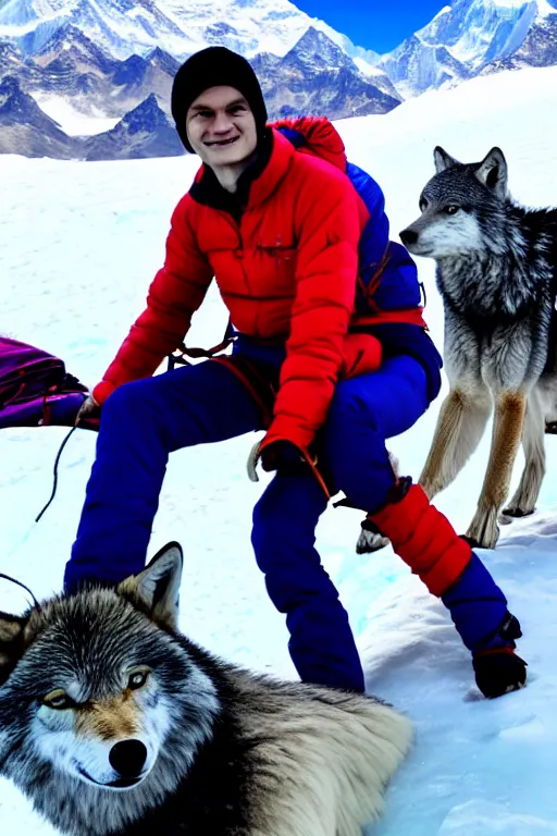 Prompt: vitalik buterin climbing everest with wolves