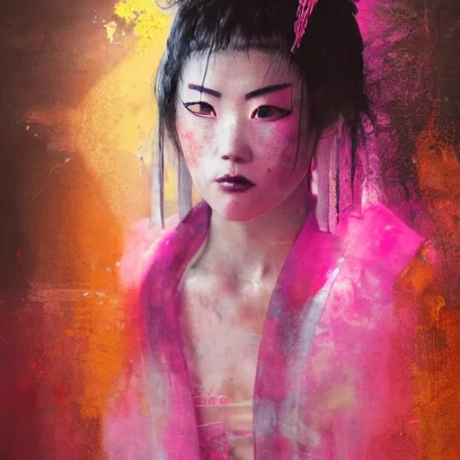 Image similar to a futuristic female geisha warrior in komono by cy Twombly and BASTIEN LECOUFFE DEHARME, pink and yellow, iridescent, volumetric lighting