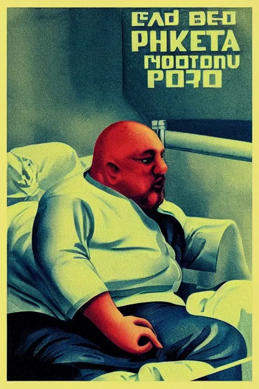 Prompt: “Bored Fat man in Hospital Bed. Text Porvoo. Soviet propaganda poster in the style of Dmitry Moor”