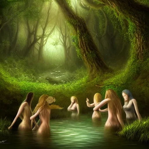 Prompt: beautiful digital fantasy illustration of A woody green field with a stream running through it, with a group of dryad women standing in the water. They seem to be preparing to submerge themselves in the cool, clear waters of the stream. a creepy creature standing in front of a mirror!, cgsociety, fantasy art, highly detailed, soft lighting, rendered in octane, masterpiece, very very very aesthetic