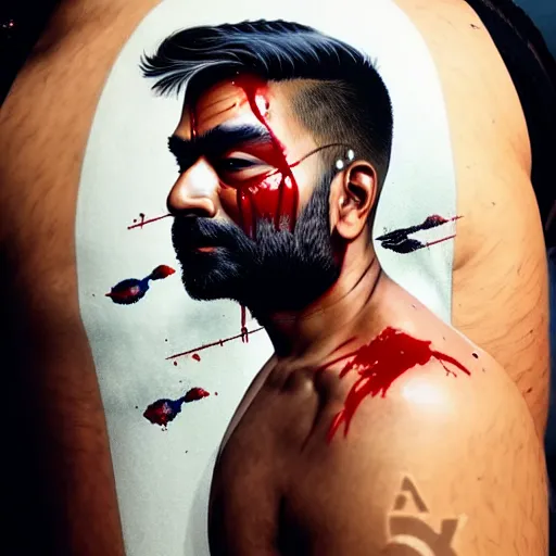 Prompt: side profile of a brown asian man :: side profile :: oxygen mask :: blood and ocean intricate details :: 8k :: by vikings and Sandra Chevrier