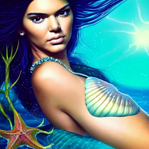 Image similar to kendall jenner portrait, fantasy, mermaid, hyperrealistic, game character, underwater, highly detailed, sharp focus, cinematic lighting, pearls, glowing hair, shells, gills, crown, water, highlights, starfish, jewelry, realistic, digital art, pastel, magic, fiction, ocean, king, colorful hair, sparkly eyes, fish, heroic, goddess, waves, bubbles, queen