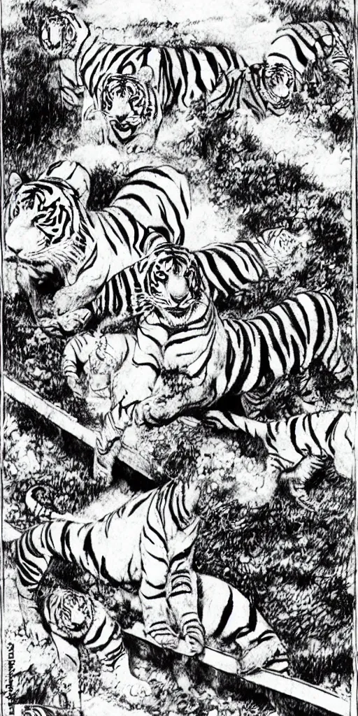 Image similar to man riding a chariot car being pulled by tigers drawn by Junji Ito.