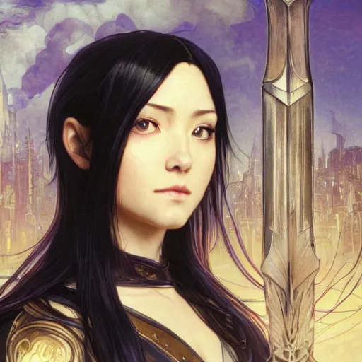 Image similar to portrait of a woman, long black hair, holding sword, in front of a sci fi cityscape, by tetsuya nomura and annie swynnerton, makoto shinkai, alphonse mucha, detailed, cinematic, wide angle, dark sepia toned shading, luminescent eyes, detailed face, expressive eyes, blue fire everywhere, trending on artstation.