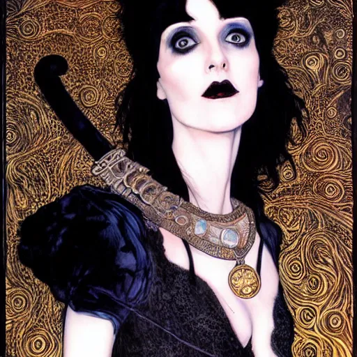 Prompt: death, a beautiful pale goth girl wearing a black vest and black punk hair, an ankh medallion hangs around her neck. the actress winona ryder, portrait by joshua middleton and gustav klimt, vertigo comic