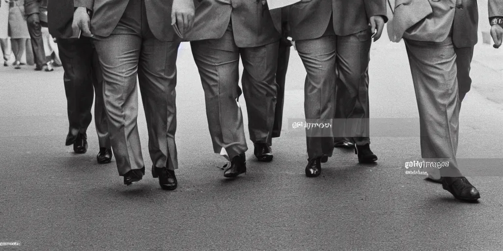 Image similar to Hyderdetailed, realistic and true to life, low angle view of the feet and shoes and legs of a group of chubby white business men walking past, cinematic, 1980s