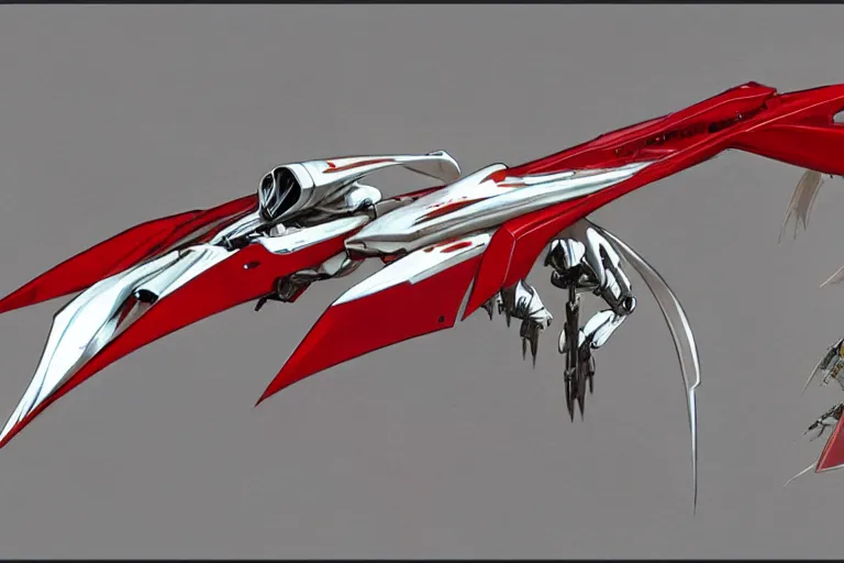 Image similar to a pteranodon mecha fighter, white john berkey armor panels, wine-red trim, skull insignia, robotech styling with Kanji markings, boeing concept art painting