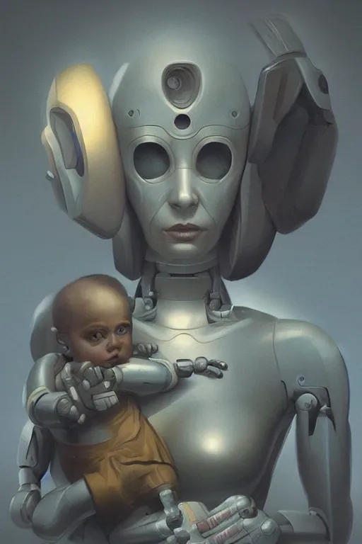 Prompt: female robot portrait, holding young baby, dystopian, digital painting, sculpted in zbrush, artstation, concept art, sharp focus, illustration, chiaroscuro lighting, golden ratio, rule of thirds, incredible art by artgerm greg rutkowski wlop simon stalenhag