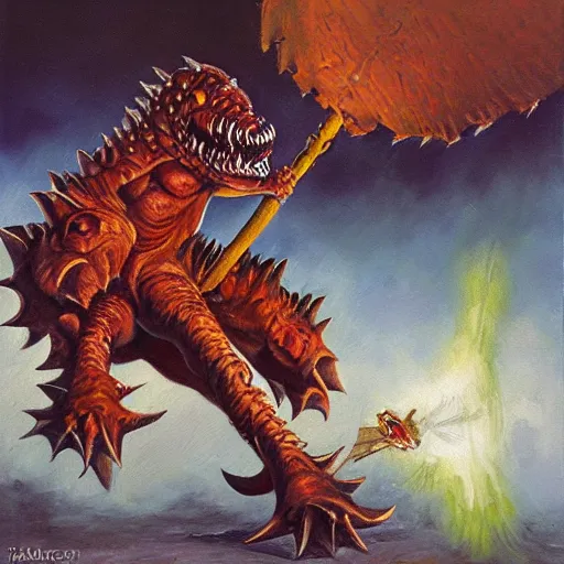 Image similar to tarrasque fighting a zaratan, oil painting