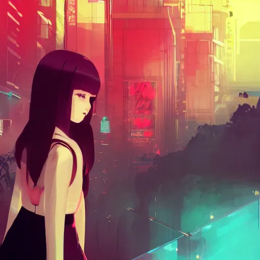 Image similar to Frequency indie album cover, luxury advertisement, red filter, yellow and black colors. highly detailed post-cyberpunk sci-fi close-up schoolgirl in asian city in style of cytus and deemo, mysterious vibes, by Ilya Kuvshinov, by Greg Tocchini, nier:automata, set in half-life 2, beautiful with eerie vibes, very inspirational, very stylish, with gradients, surrealistic, dystopia, postapocalyptic vibes, depth of field, mist, rich cinematic atmosphere, perfect digital art, mystical journey in strange world, beautiful dramatic dark moody tones and studio lighting, shadows, bastion game, arthouse