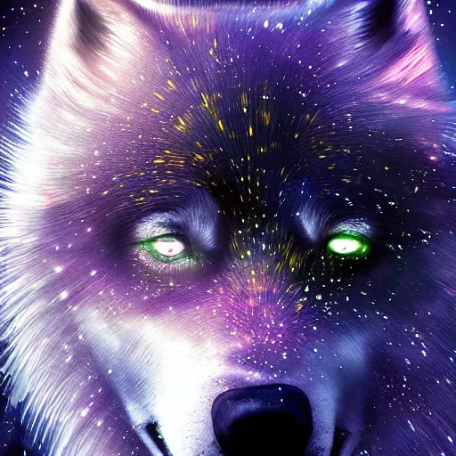 Prompt: of a fantasy sky of and there are stars and galaxy ’ s and all the gasses and clouds forms a shape of a wolves face and the wolves eyes are two suns digital art epic cinematic lighting detailed
