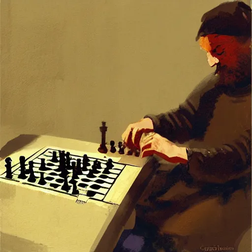 Image similar to portrait of man in medieval clothes playing chess, detailed by greg manchess, craig mullins, bernie fuchs, walter everett