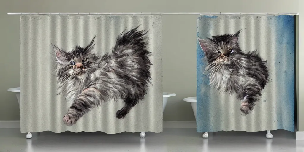 Prompt: shower curtain product catalog. on the curtain is a watercolor with ink under drawing of a cat toy being chased by a maine coon kitten. wide - angle product photography, product lighting. 4 k, highly detailed. saturated.