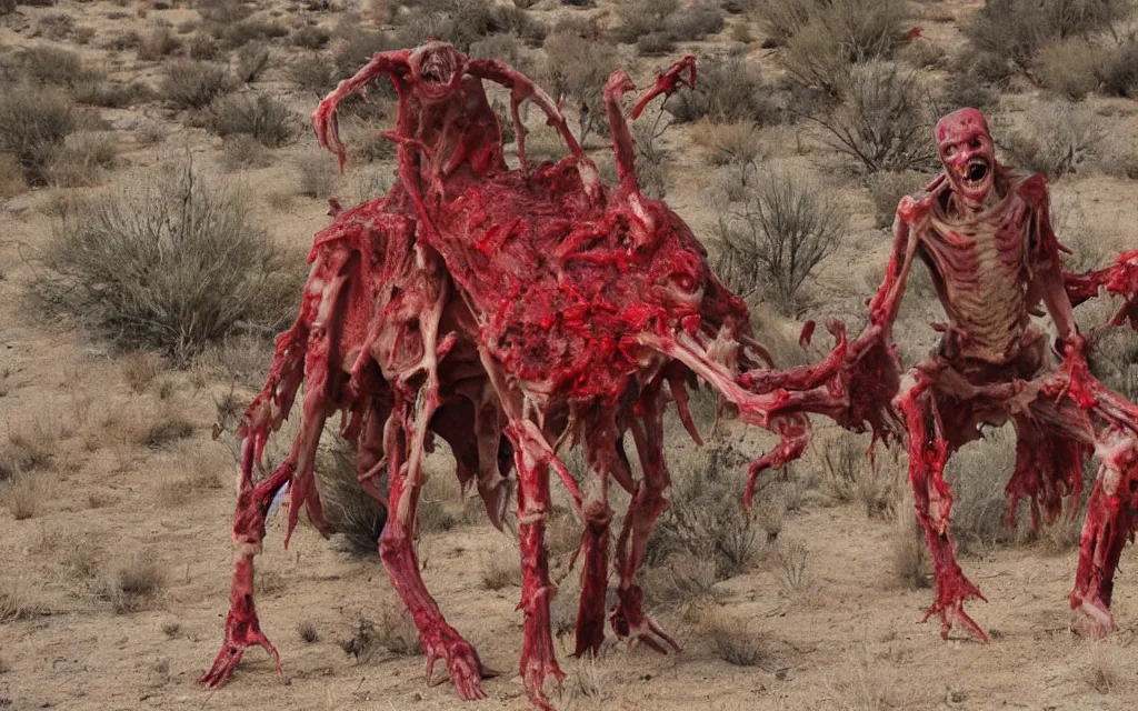 Image similar to in the desert a bloody gross horrifying The Thing creature made of muscle and bone and blood stares at the camera, eating, mid day, 35mm photography, realistic,