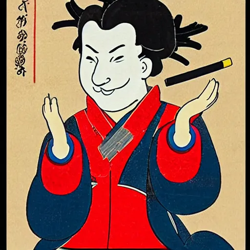 Prompt: ukiyo - e style print of ronald mcdonald smoking a cigarette