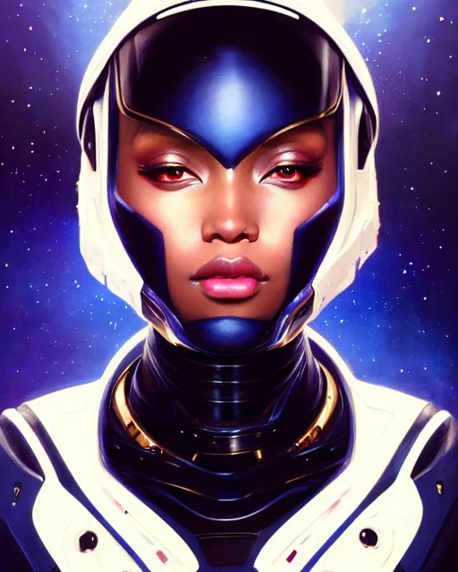 Image similar to Portrait of very very very very very very beautiful black woman, spacesuit, futuristic cybernetic helmet, blue eyes, real life skin, intricate, elegant, highly detailed, artstation, concept art, smooth, sharp focus, art by artgerm and greg rutkowski and alphonse mucha