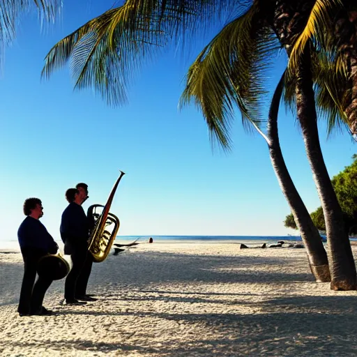 Prompt: tuba quartet on a beach landscape