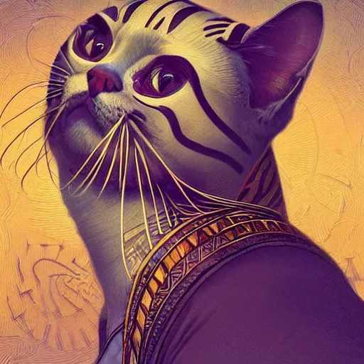 Image similar to Portrait of a cat dressed as a Pharaoh, moon in the background, intricate, elegant, highly detailed, digital painting, artstation, concept art, smooth, sharp focus, illustration, art by artgerm and greg rutkowski and alphonse mucha