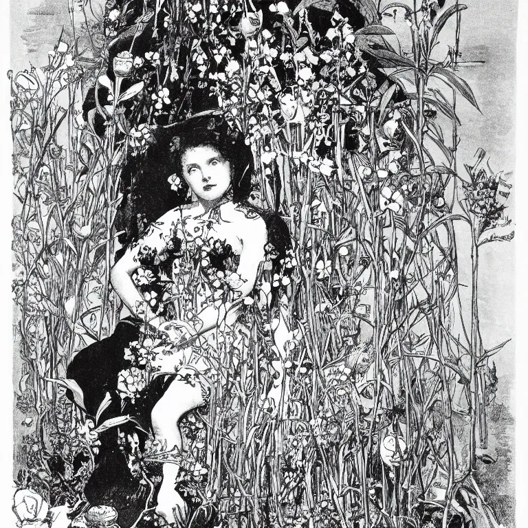 Prompt: a walther caspari illustartion in lustige blatter in 1 8 9 9 of a young goddess sitting on a conical pile of small skulls with huge flowers on tall stalks behind her, black and white pen an ink drawing