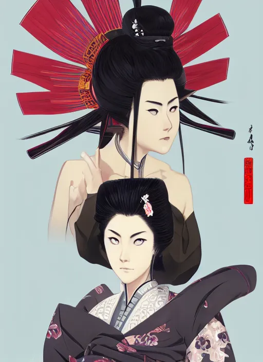 Prompt: portrait of a samurai princess, digital painting masterpiece, advanced lighting technology, stylized yet realistic anatomy and face, gorgeous, by reiq and bengus and akiman and shigenori soejima and bastien vives and balak and michael sanlaville and jamie hewlett, 4 k wallpaper, cinematic, gorgeous brush strokes, coherent and smooth