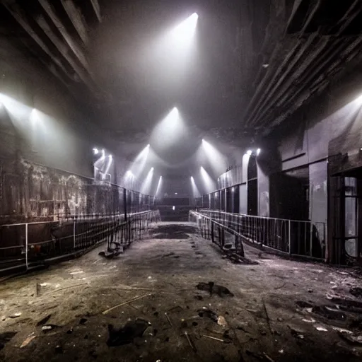 Prompt: a nightclub in an abandoned steelworks, crowded with cyber goths, dark gloomy, cavernous
