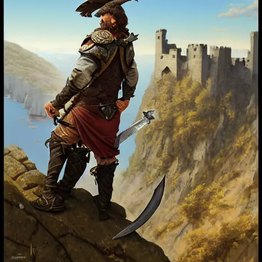 Image similar to rough middle age ranger with a falcon pet and a long sword, he is on top a cliff observing old ruins of a castle, elegant clothing, photorealistic render, matte patining, highly detailed, artstation, smooth, sharp focus, art by michael whelan, artgerm, greg rutkowski and alphonse mucha