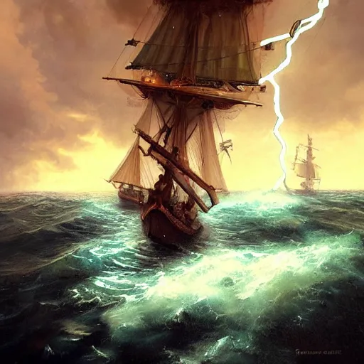 Image similar to a pirate with two peglegs and two hook hands steering a wooden galleon through a rain and lightning storm. view from on deck, sails and masts and rigging, first person deckhand pov, detailed dynamic light painting by peter mohrbacher