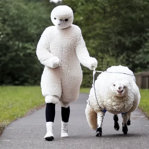 Image similar to a person wearing a sheep costume walking bichon frise on leash