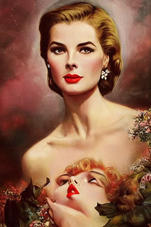 Image similar to a young and extremely beautiful grace kelly infected by night by dali in the style of a modern gaston bussiere, art nouveau, art deco, surrealism. anatomically correct. extremely lush detail. melancholic scene infected by night. perfect composition and lighting. sharp focus. high - contrast lush surrealistic photorealism. sultry and mischievous expression on her face.