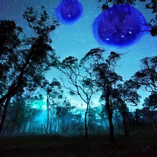 Image similar to a beautiful blue bioluminescent forest with a giant gaseous planet in the sky