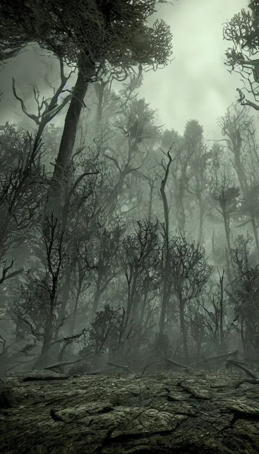 Image similar to a storm vortex made of many demonic eyes and teeth over a forest, with cryengine