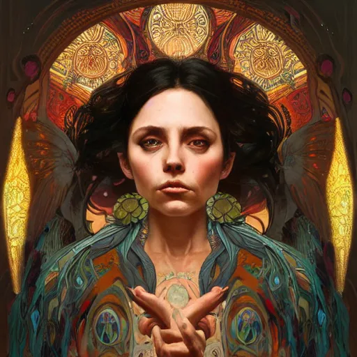 Prompt: concert of an shaman, big eyes, intricate, elegant, highly detailed, digital painting, artstation, concept art, smooth, sharp focus, illustration, art by artgerm and greg rutkowski and alphonse mucha