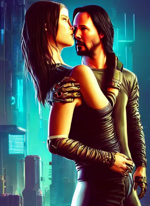 Image similar to a cyberpunk 2077 couple portrait of Keanu Reeves & female android in final kiss,love,film lighting,by Laurie Greasley,Lawrence Alma-Tadema,Dan Mumford,artstation,deviantart,FAN ART,full of color,Digital painting,face enhance,highly detailed,8K,octane,golden ratio,cinematic lighting