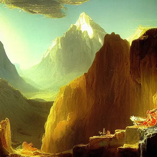 Image similar to - g the home of the gods in the sky, by painter thomas cole