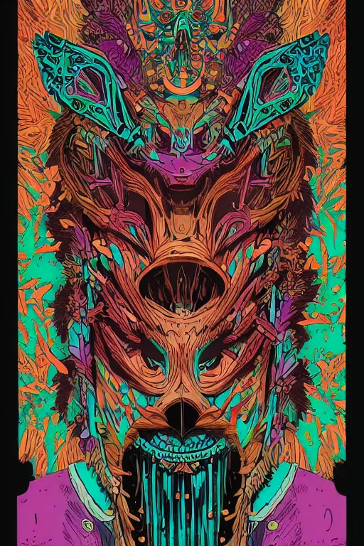 Image similar to animal mask totem roots flower tribal feather gemstone plant wood rock shaman vodoo video game vector cutout illustration vivid multicolor borderlands comics by josan gonzales and dan mumford radiating a glowing aura