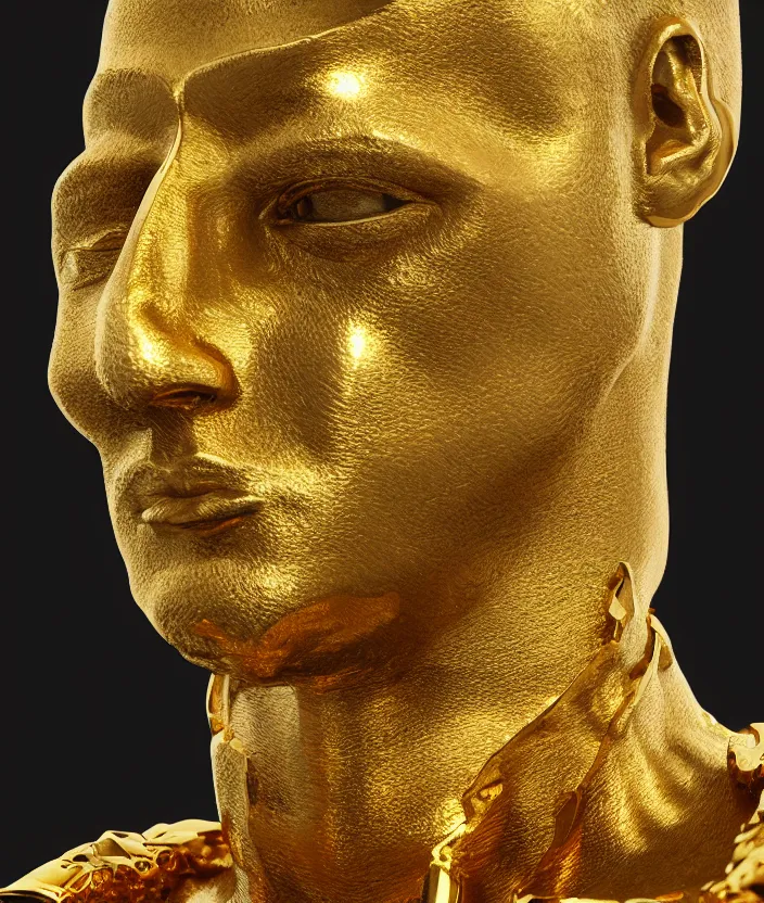 Image similar to a portrait of a stoic statue wearing a neck collar made of gold, cyberpunk, aesthetic, naturel, hyper detailed, digital sculpture, trending in artstation, cinematic lighting, studio quality, smooth render, unreal engine 5 rendered, octane rendered, art style by klimt and nixeu and ian sprigger and wlop and krenz cushart