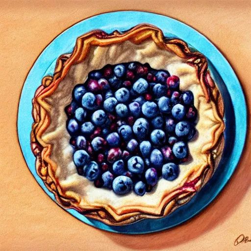 Image similar to Colored pencil art on paper, Blueberry pie slice on a plate, highly detailed, artstation, MasterPiece, Award-Winning, Caran d'Ache Luminance