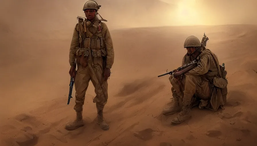 Prompt: beautiful digital painting of a soldier in a trench waiting for the war to end, in the sahara desert. cinematic lighting, atmospheric emotions by greg rutkowski,