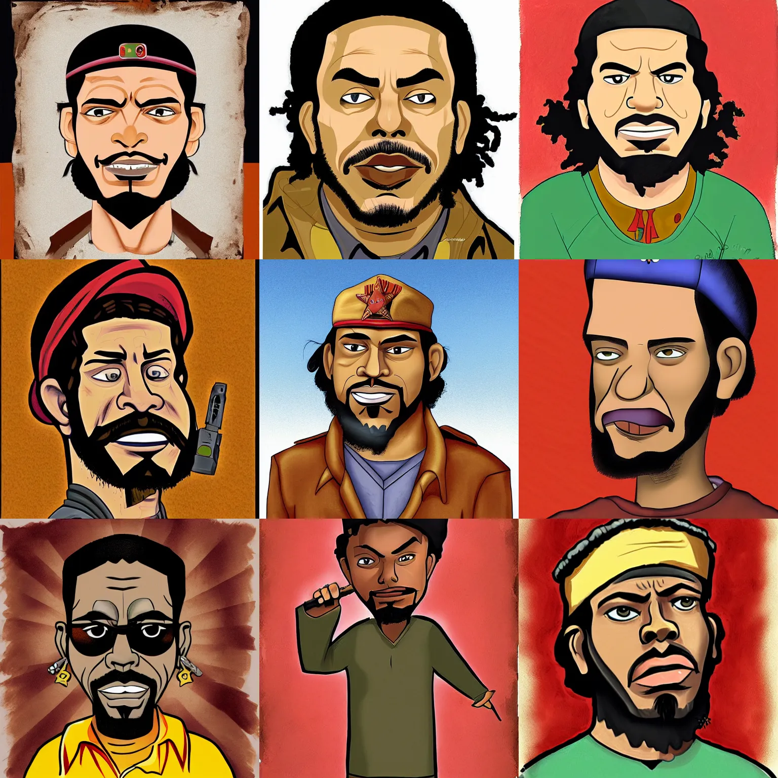 Prompt: Portrait of che guavera, painted by Aaron McGruder