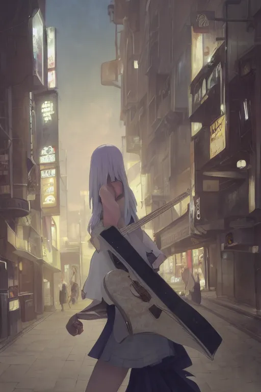 Prompt: a white haired girl with a guitar on her back shopping at a convenience store at night, grey and dark theme, s line, 4 5 angel by krenz cushart and mucha and makoto shinkai and akihito yoshida and greg rutkowski, nier : automata inspired, 4 k resolution