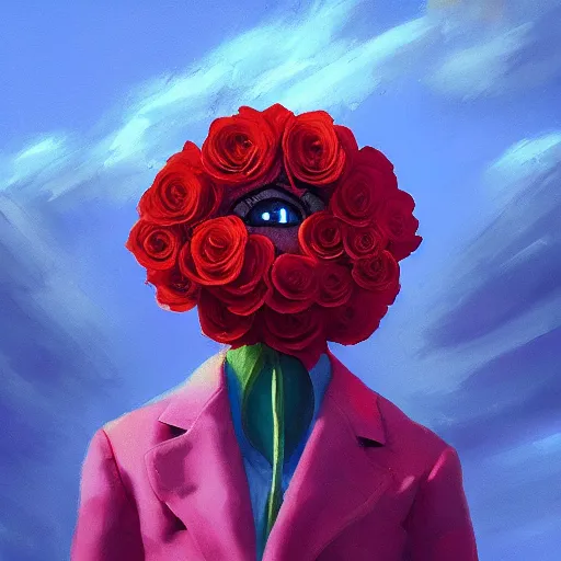 Prompt: closeup, gigantic rose flower head, frontal, girl in a suit, surreal photography, sunrise, blue sky, dramatic light, impressionist painting, digital painting, artstation, simon stalenhag