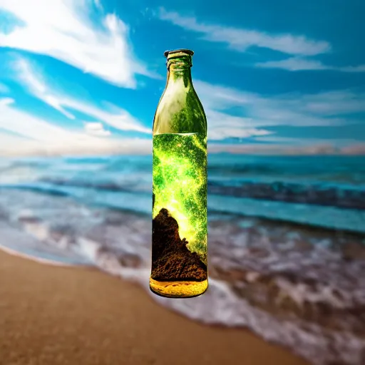 Prompt: a universe inside of a bottle on the beach, hyper detailed, photorealostic