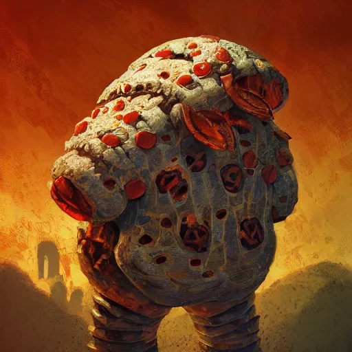 Image similar to ultra realistic illustration of golem made of pizza, intricate, fantasy italy, elegant, highly detailed, digital painting, artstation, concept art, smooth, sharp focus, illustration, art by tim mcburnie and conar cross and anato finnstark