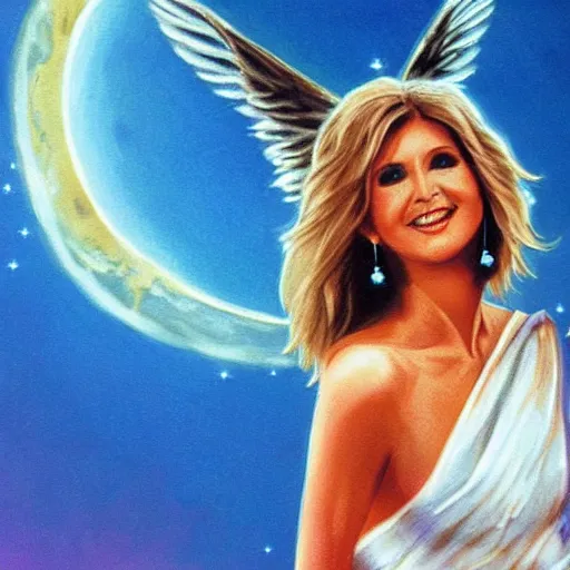 Image similar to Olivia Newton John as a beautiful angel looking at earth from heaven, trending on artstation,